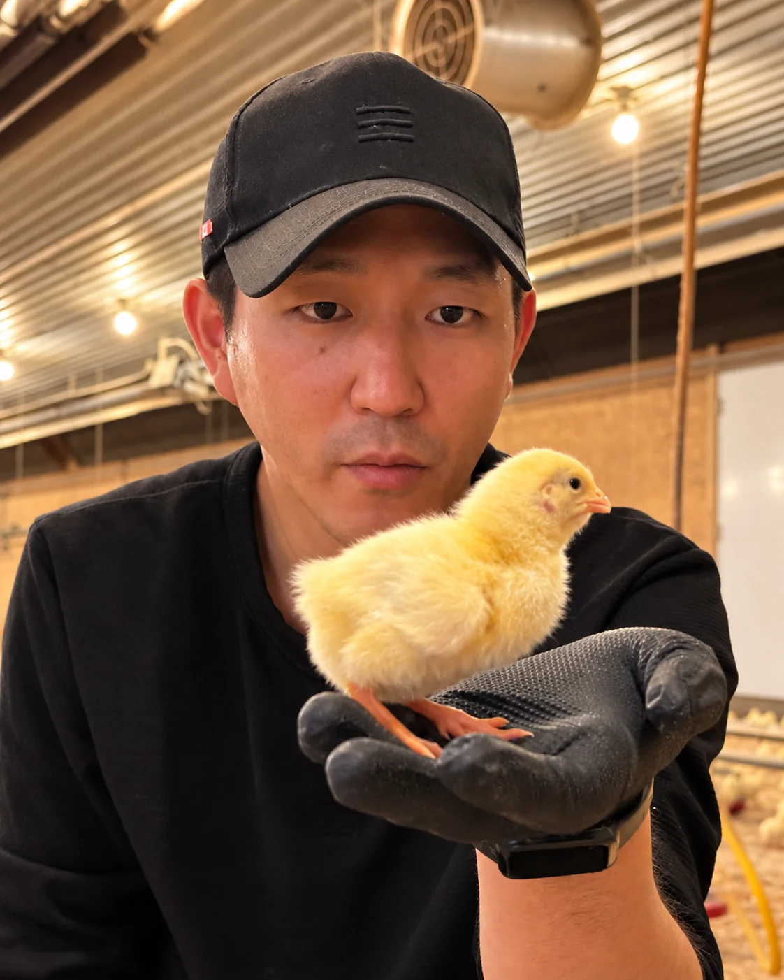Farmer holding a heritage chick at the farm
